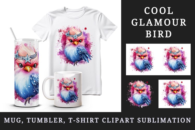 Watercolor cute cool glamour bird superstar wild animal glasses stars print 20 oz tumbler skinny mug wrap clipart t-shirt sublimation printable design