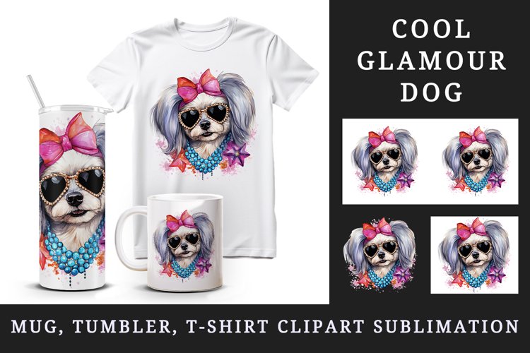 Watercolor cute cool glamour dog funny superstar animal sunglasses print 20 oz tumbler skinny mug wrap clipart t-shirt sublimation printable design