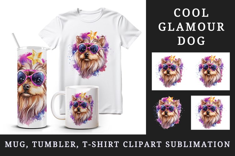 Watercolor cute cool glamour dog funny superstar animal sunglasses print 20 oz tumbler skinny mug wrap clipart t-shirt sublimation printable design