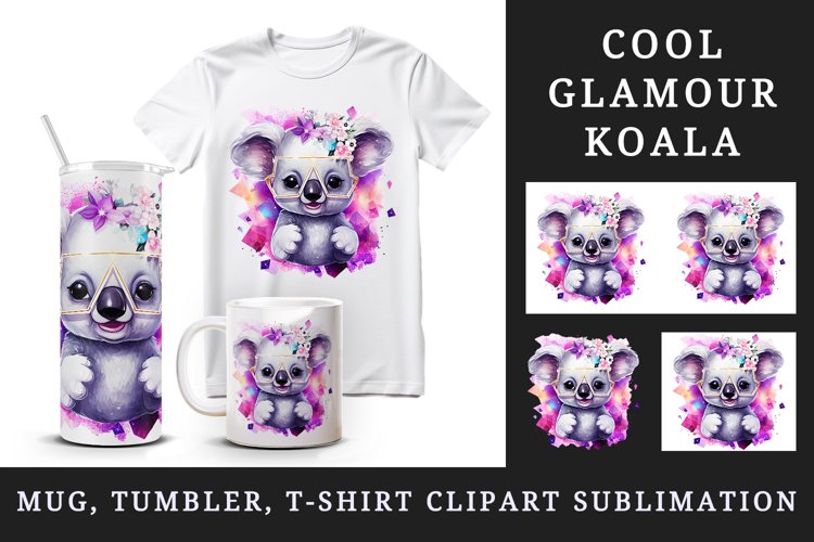 Watercolor cute cool glamour koala funny superstar animal sunglasses print 20 oz tumbler skinny mug wrap clipart t-shirt sublimation printable design
