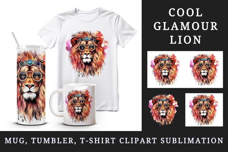 Watercolor cute cool glamour lion superstar wild animal sunglasses print 20 oz tumbler skinny mug wrap clipart t-shirt sublimation printable design