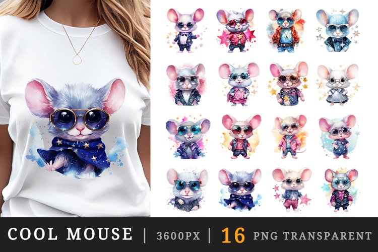 Watercolor cute cool glamour mouse funny superstar animal sunglasses print clipart set t-shirt sublimation printable designs bundle png transparent