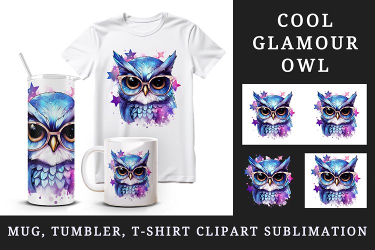 Watercolor cute cool glamour owl superstar wild animal bird glasses print 20 oz tumbler skinny mug wrap clipart t-shirt sublimation printable design