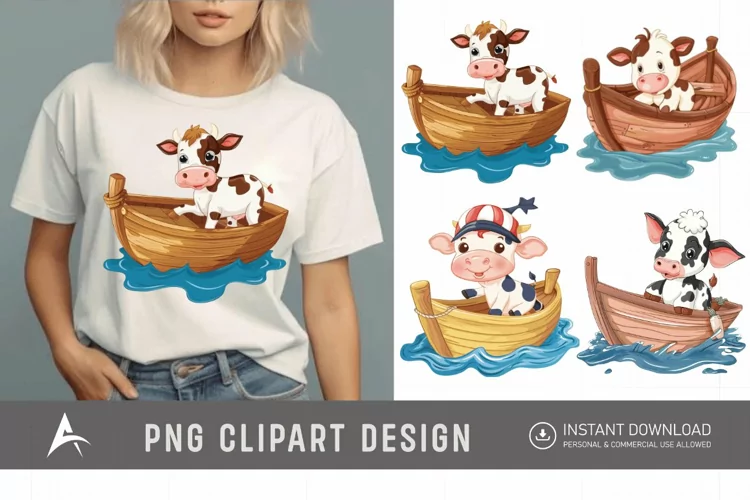 Watercolor Cute Cow on Boat Clipart