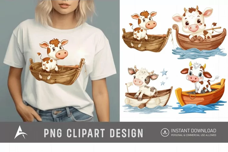 Watercolor Cute Cow on Boat Clipart