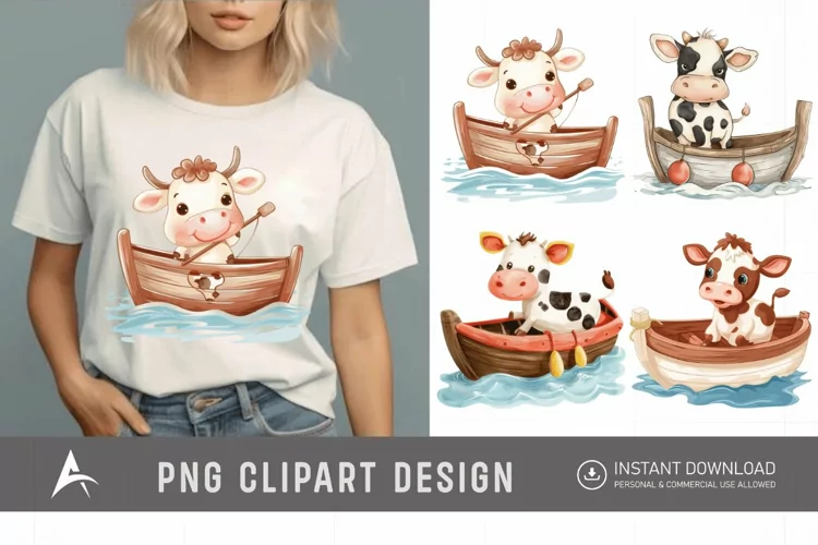 Watercolor Cute Cow on Boat Clipart