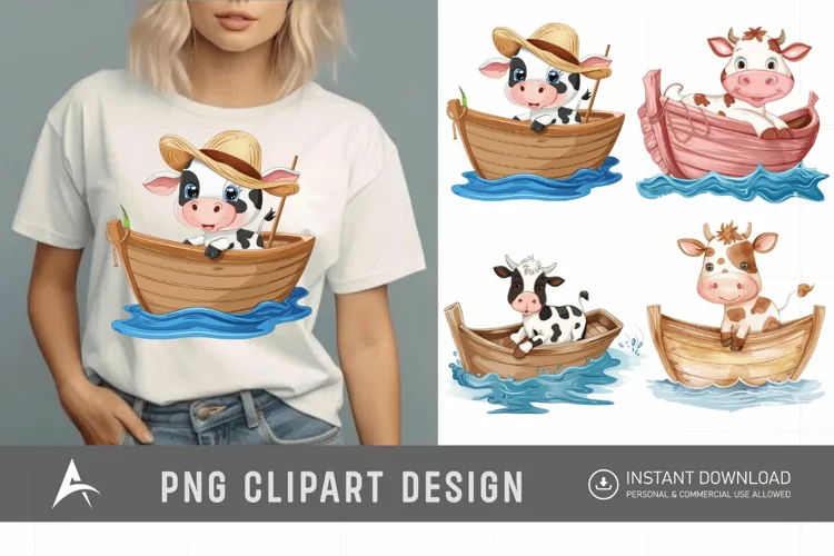 Watercolor Cute Cow on Boat Clipart