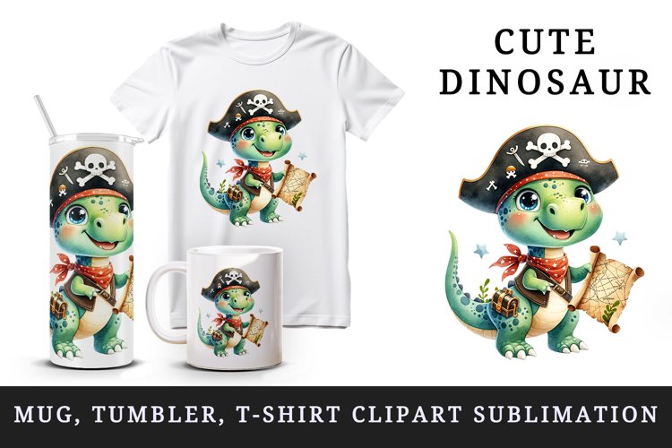 Watercolor cute dinosaur dino sparkle dressed as pirate treasure map print 20 oz tumbler skinny mug wrap clipart t-shirt sublimation printable design
