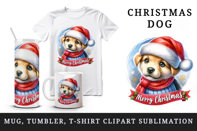 Watercolor cute dog puppy hat scarf Merry Christmas greeting quote print 20 oz tumbler skinny mug wrap clipart t-shirt sublimation printable design