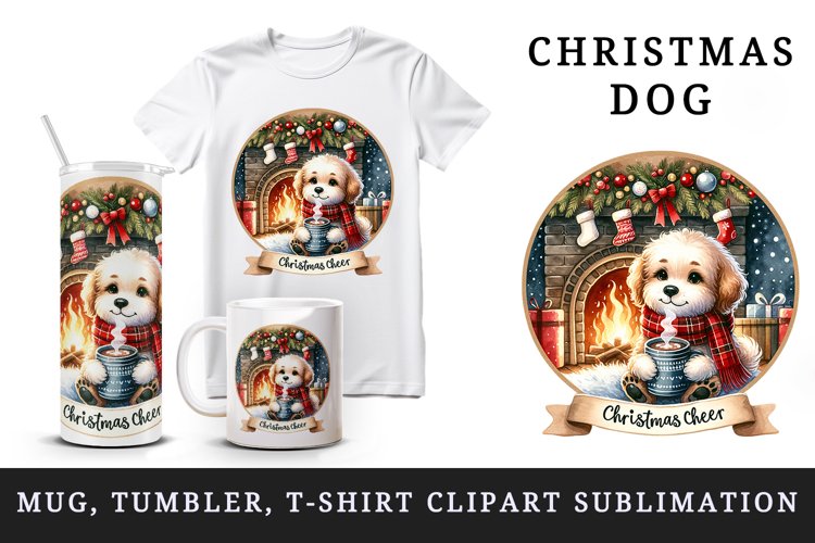 Watercolor cute dog puppy hot cocoa fireplace Christmas Cheer quote print 20 oz tumbler skinny mug wrap clipart t-shirt sublimation printable design