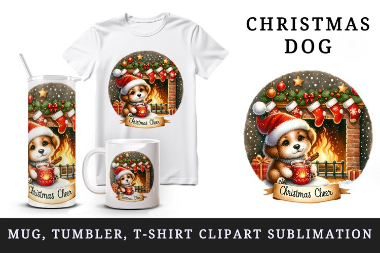 Watercolor cute dog puppy hot cocoa fireplace Christmas Cheer quote print 20 oz tumbler skinny mug wrap clipart t-shirt sublimation printable design