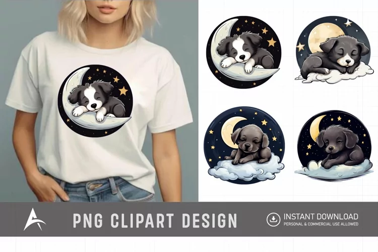 Watercolor Cute Dogs Sleep on Moon Clipart