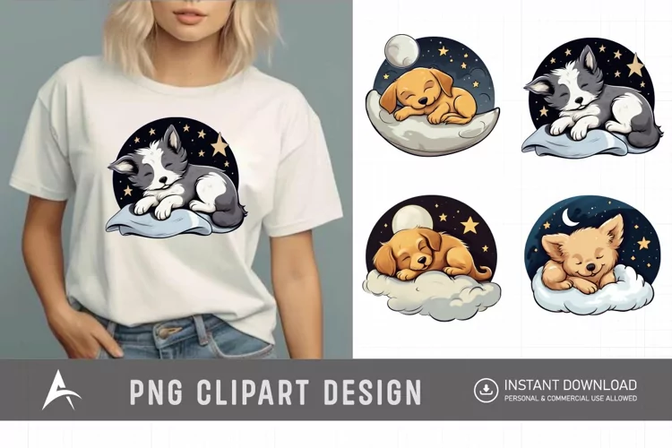 Watercolor Cute Dogs Sleep on Moon Clipart