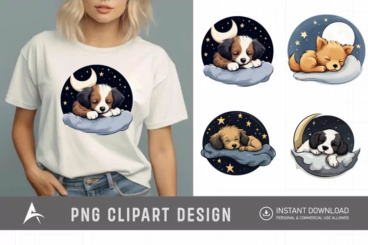 Watercolor Cute Dogs Sleep on Moon Clipart