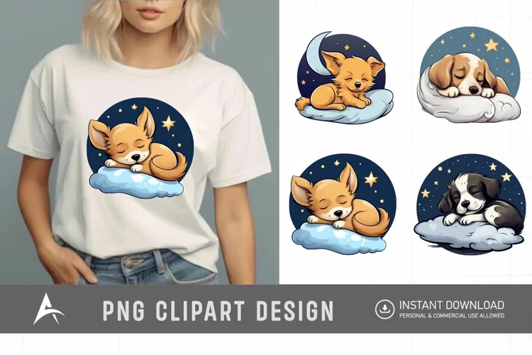Watercolor Cute Dogs Sleep on Moon Clipart