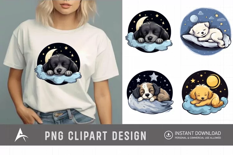 Watercolor Cute Dogs Sleep on Moon Clipart