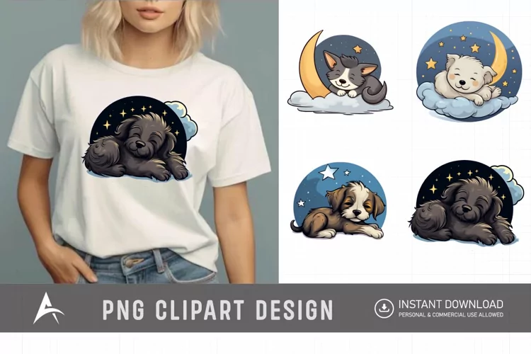 Watercolor Cute Dogs Sleep on Moon Clipart