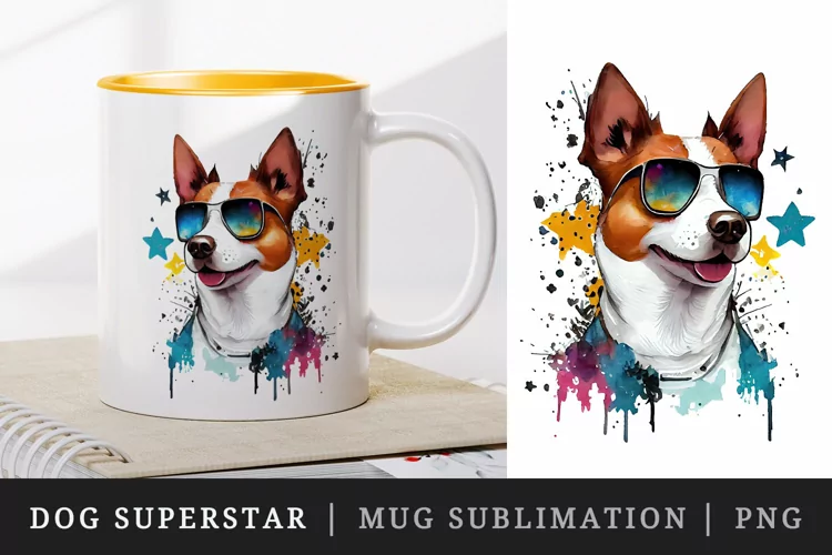 Cute Cool Dog Superstar mug, cup wrap sublimation design png