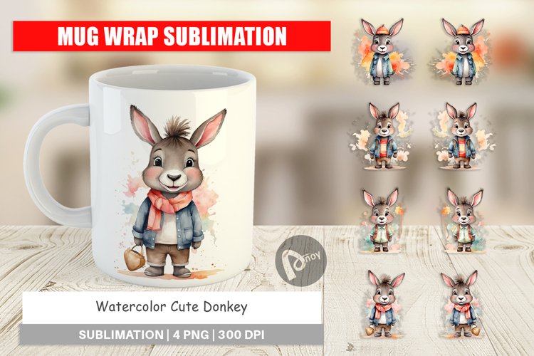 Mug Wrap Design Watercolor Cute Donkey