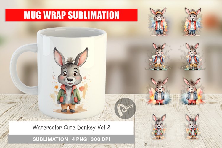 Mug Wrap Design Watercolor Cute Donkey