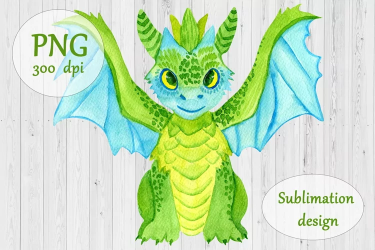 Watercolor Cute Dragon Clipart - Sublimation Design PNG
