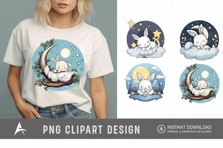 Watercolor Cute Easters Sleep on Moon Clipart