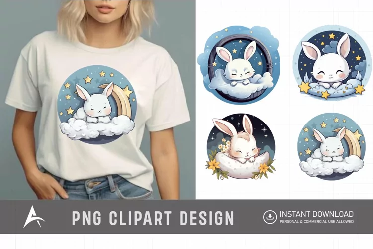 Watercolor Cute Easters Sleep on Moon Clipart