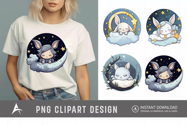 Watercolor Cute Easters Sleep on Moon Clipart