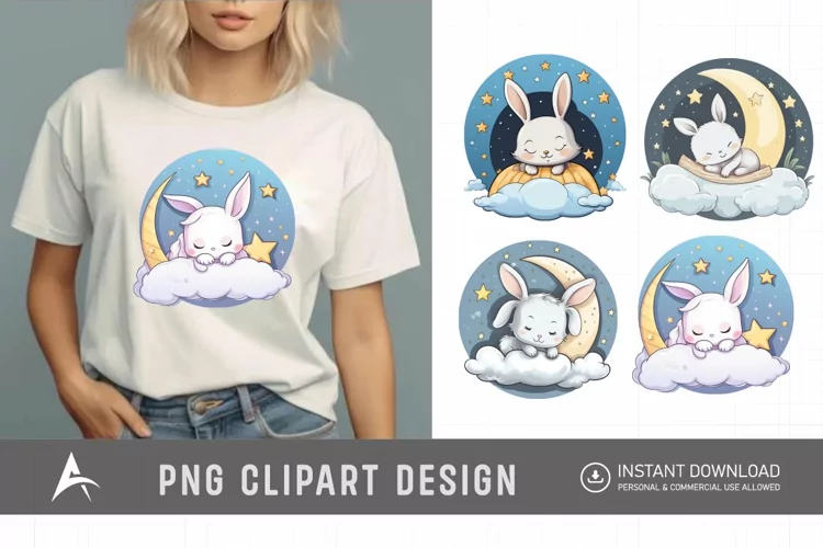 Watercolor Cute Easters Sleep on Moon Clipart