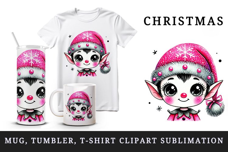 Watercolor cute elf pink Santa hat smile Christmas New Year winter print 20 oz tumbler skinny mug wrap clipart t-shirt sublimation printable design