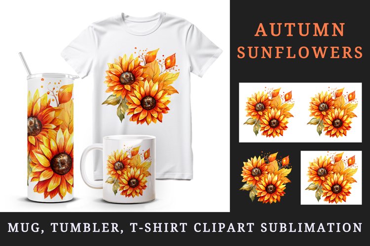 Watercolor cute fall autumn sunflowers leaves sparkle shining diamonds 20oz tumbler skinny mug wrap clipart t-shirt sublimation printable design