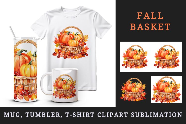 Watercolor cute fall basket pumpkins autumn leaves sparkle shining diamonds 20oz tumbler skinny mug wrap clipart t-shirt sublimation printable design