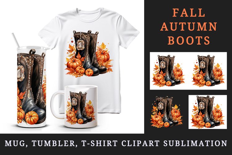 Watercolor cute fall boots pumpkin autumn leaves sparkle shining diamonds 20oz tumbler skinny mug wrap clipart t-shirt sublimation printable design