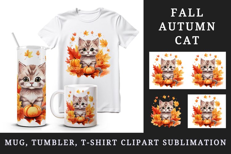 Watercolor cute fall cat kitty kitten autumn leaves sparkle shining diamonds 20oz tumbler skinny mug wrap clipart t-shirt sublimation printable design