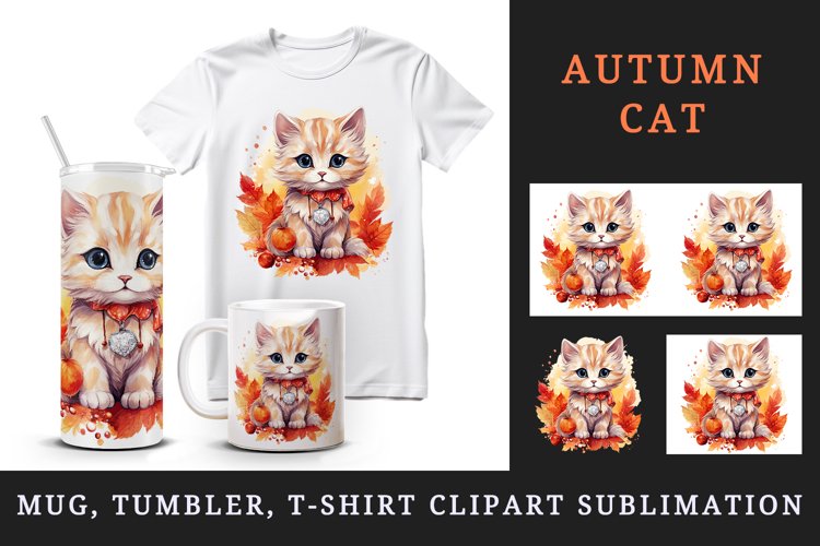 Watercolor cute fall cat kitty kitten autumn leaves sparkle shining diamonds 20oz tumbler skinny mug wrap clipart t-shirt sublimation printable design