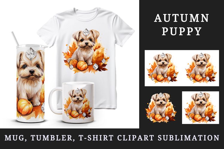 Watercolor cute fall dog puppy autumn leaves sparkle shining diamonds 20oz tumbler skinny mug wrap clipart t-shirt sublimation printable design