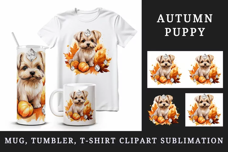 Autumn dog tumbler, mug wrap, clipart sublimation design