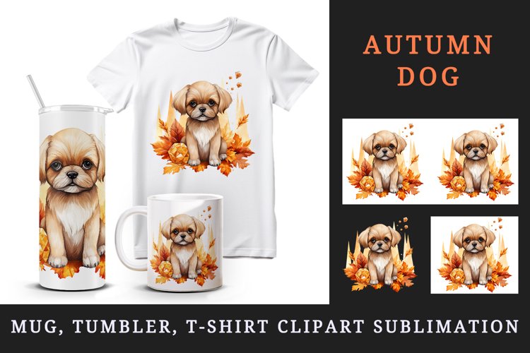 Watercolor cute fall dog puppy autumn leaves sparkle shining diamonds 20oz tumbler skinny mug wrap clipart t-shirt sublimation printable design