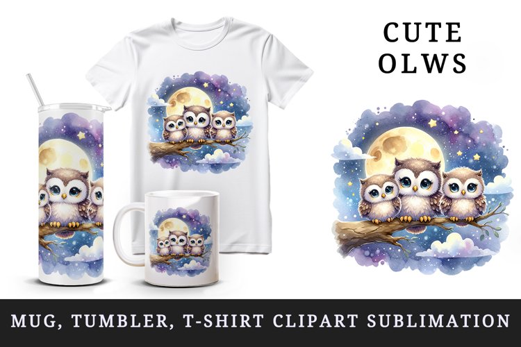 Watercolor cute family of owls sitting on branch moonlit night sky print 20 oz tumbler skinny mug wrap clipart t-shirt sublimation printable design