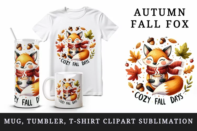 Fall autumn fox tumbler mug wrap, clipart sublimation design