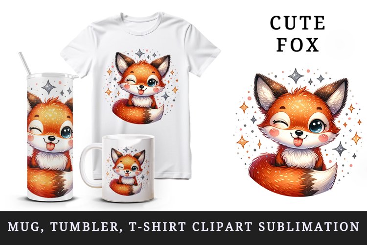 Watercolor cute fox winking sticking tongue out surrounded by sparkles print 20oz tumbler skinny mug wrap clipart t-shirt sublimation printable design