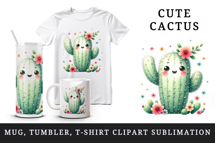 Watercolor cute friendly cactus rosy cheeks is waving flowers summer print 20 oz tumbler skinny mug wrap clipart t-shirt sublimation printable design