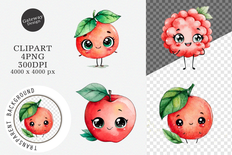 Watercolor cute fruits clipart, cute fruits PNG