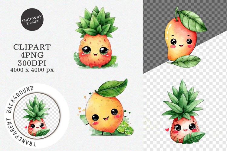 Watercolor cute fruits clipart, cute fruits PNG