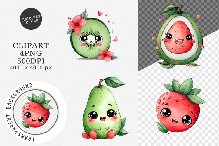 Watercolor cute fruits clipart, cute fruits PNG