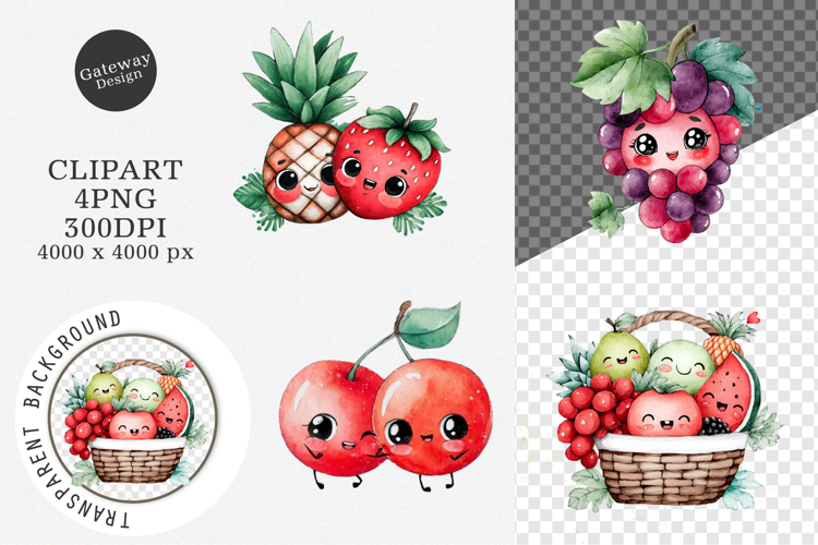 Watercolor cute fruits clipart, cute fruits PNG