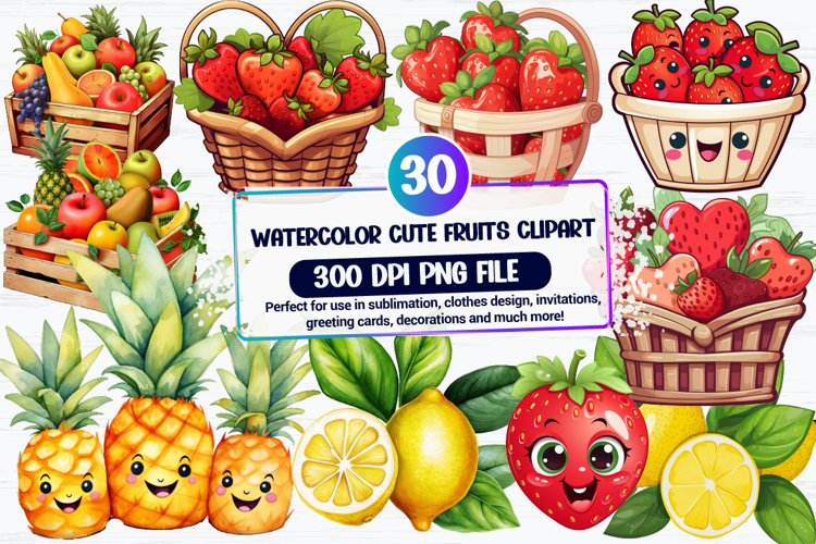 Watercolor Cute Fruits Clipart Bundle