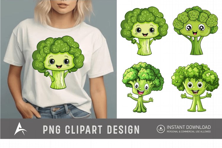 Watercolor Cute Funny Broccoli Vegetable Clipart example image 1