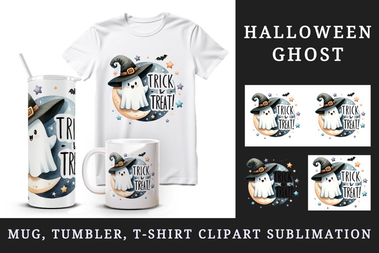 Watercolor cute ghost and a witch hat Trick and or Treat quote print 20 oz tumbler skinny mug wrap clipart t-shirt sublimation printable design