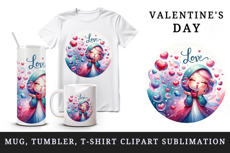 Watercolor cute girl blowing air kisses heart Love quote Valentine Day print 20oz tumbler skinny mug wrap clipart t-shirt sublimation printable design